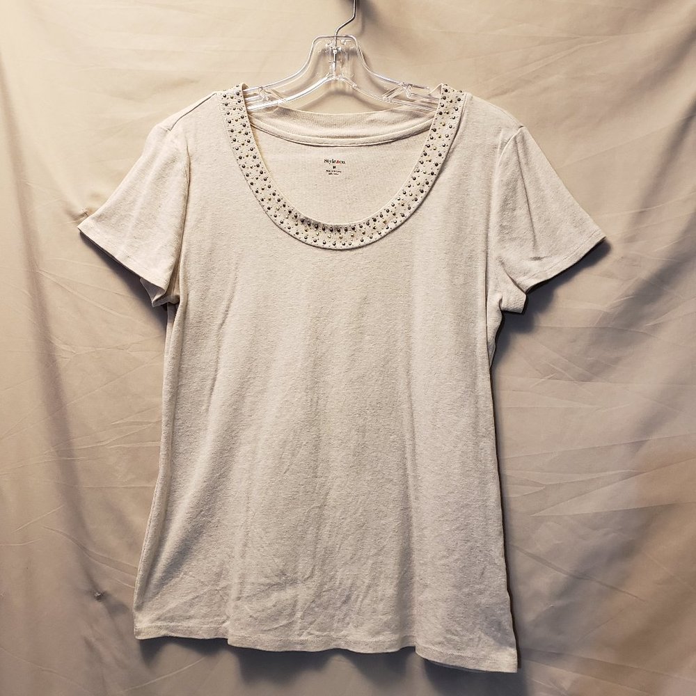 Style & Co. Tan Shirt with Metal Trim Embelishments around Neck